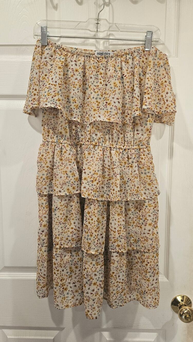 Mimi Chica Beige Floral Multi-layer Women's Short Dress